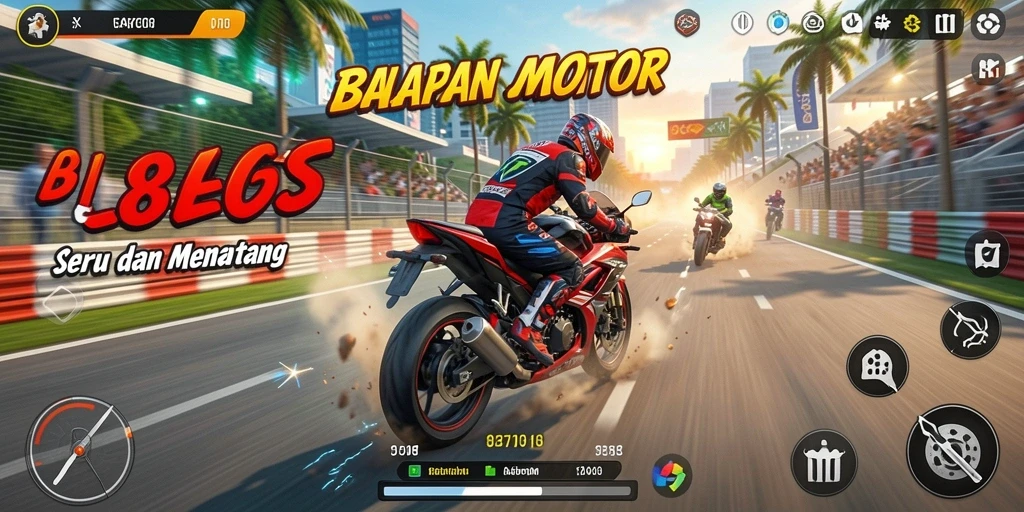 Tangkapan layar menampilkan aksi balapan motor yang mendebarkan.