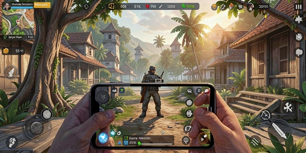 Screenshot ID098 menunjukkan pemain berinteraksi dalam lingkungan simulasi yang kaya.