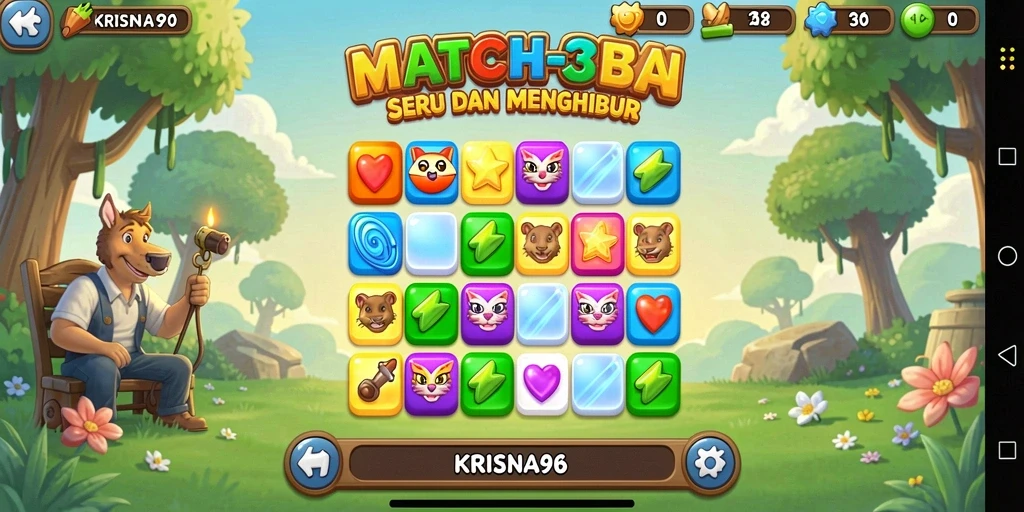 Tampilan gameplay KRISNA96 yang penuh warna dan menarik saat mencocokkan elemen.